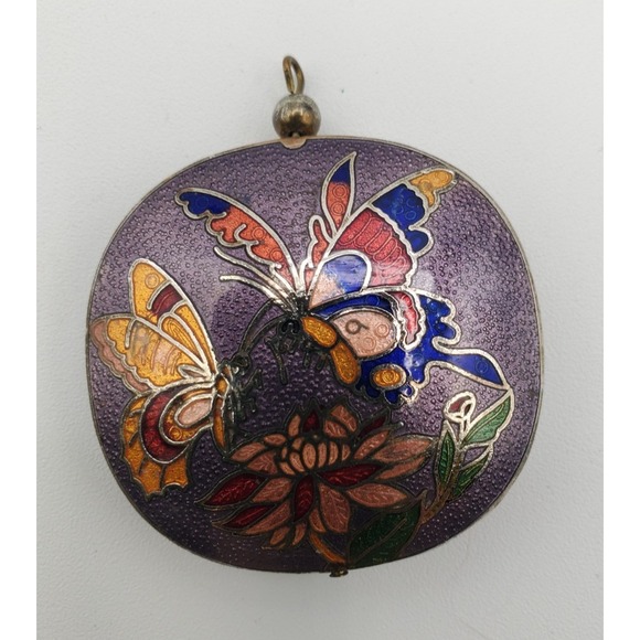 The Unbranded Brand Jewelry - Vtg Cloisonne Butterfly & Flowers Two Sided Pendant